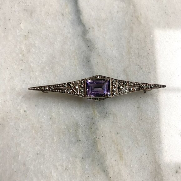 Antique Sterling Silver Brooch With Large Emerald-Cut Amethyst Stone - Picture 1 of 5